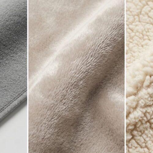 ide-by-side comparison of three wholesale fleece blanket textures: smooth Deluxe polar fleece, plush Cloud Mink, and textured Sherpa fleece