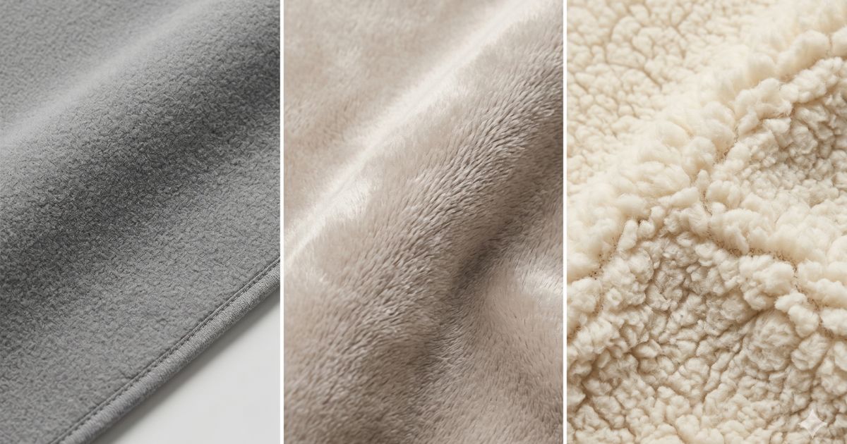 ide-by-side comparison of three wholesale fleece blanket textures: smooth Deluxe polar fleece, plush Cloud Mink, and textured Sherpa fleece