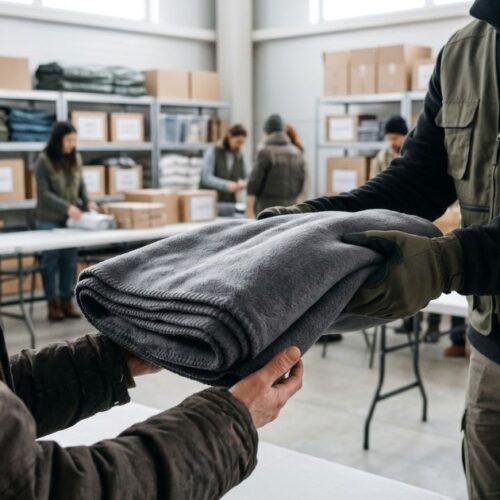 Two volunteers in blue shirts packing boxes of wholesale fleece blankets for a charity donation.