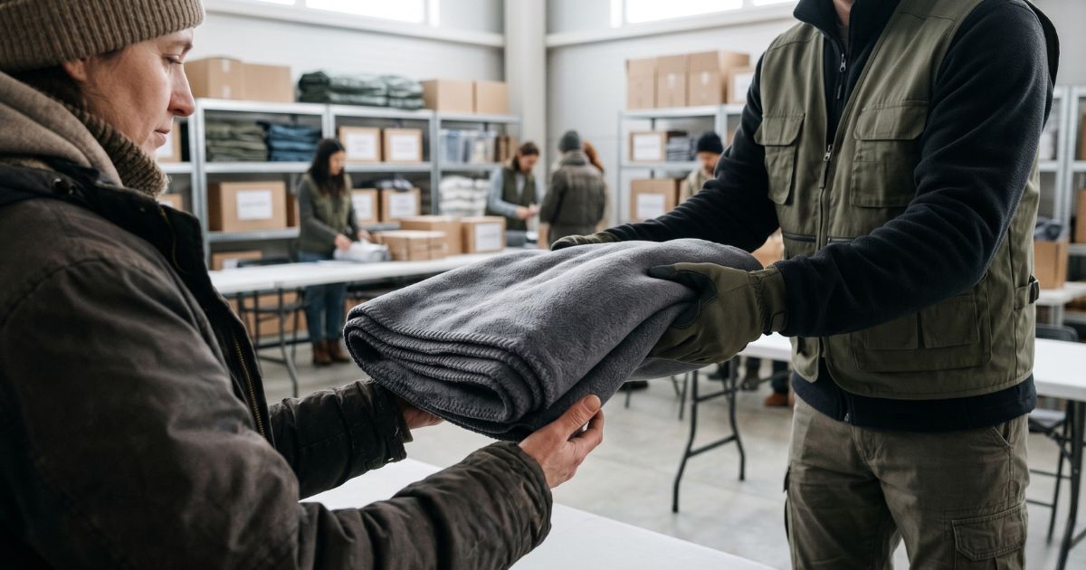 Two volunteers in blue shirts packing boxes of wholesale fleece blankets for a charity donation.