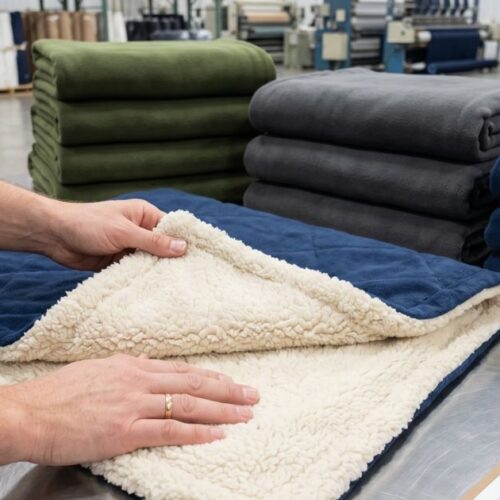 Hands smoothing a premium wholesale fleece blanket