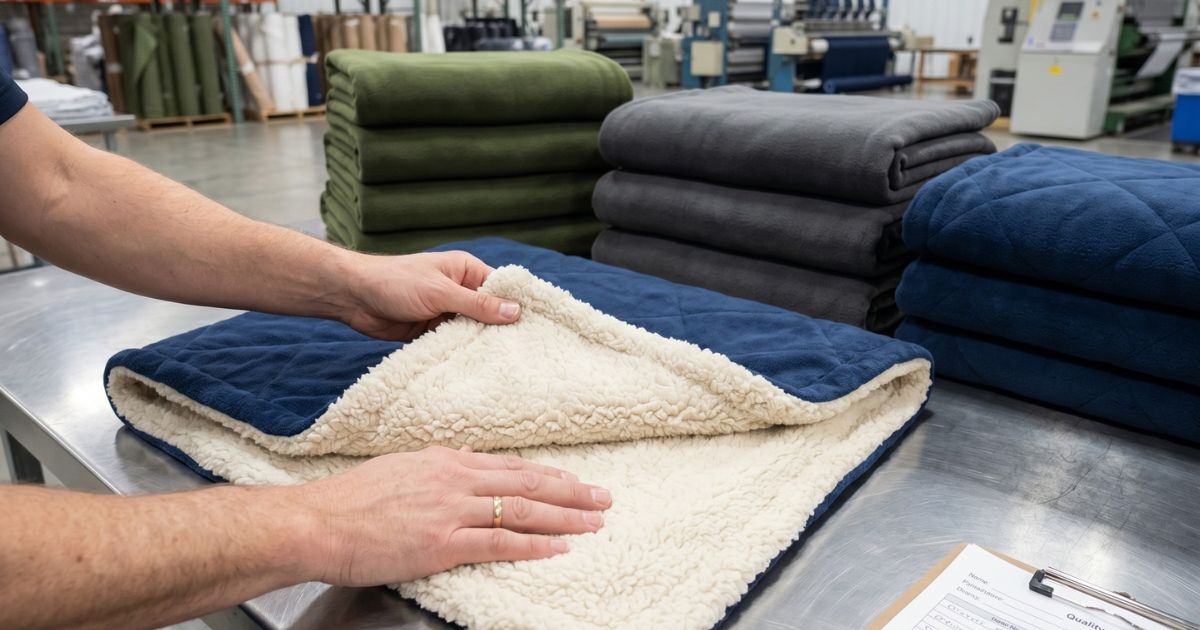 Hands smoothing a premium wholesale fleece blanket