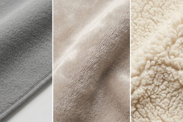 ide-by-side comparison of three wholesale fleece blanket textures: smooth Deluxe polar fleece, plush Cloud Mink, and textured Sherpa fleece