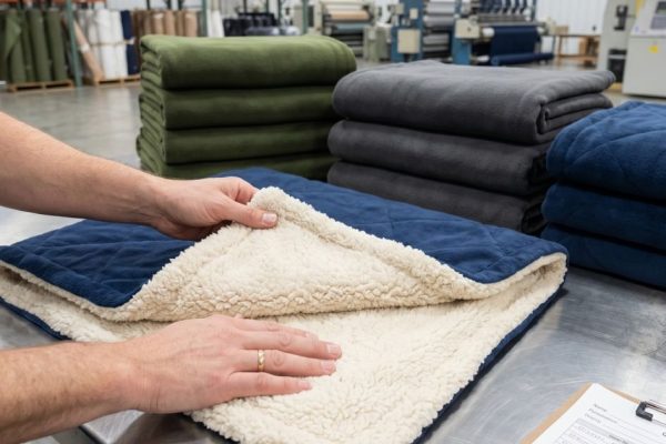 Hands smoothing a premium wholesale fleece blanket